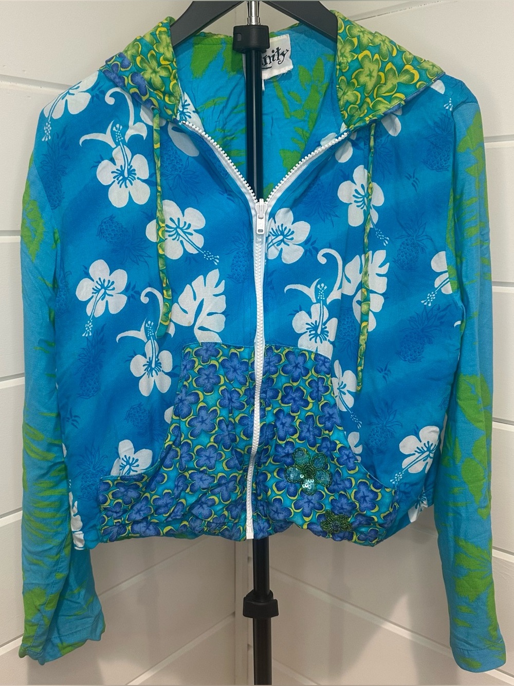 VTG Vanity Y2K Tropical Hibiscus Rayon 2pc Lounge Set Hoodie Capri Pants M